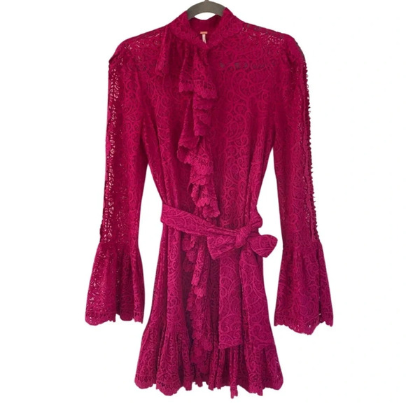 Free People, Dreams of You Lace Long Sleeve Mini Dress, Raspberry, Magenta, Pink - Picture 2 of 7